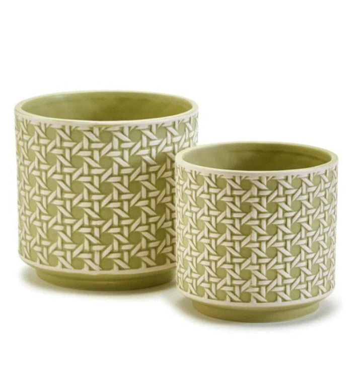 Two's Company Green Embossed Cane pots (2)